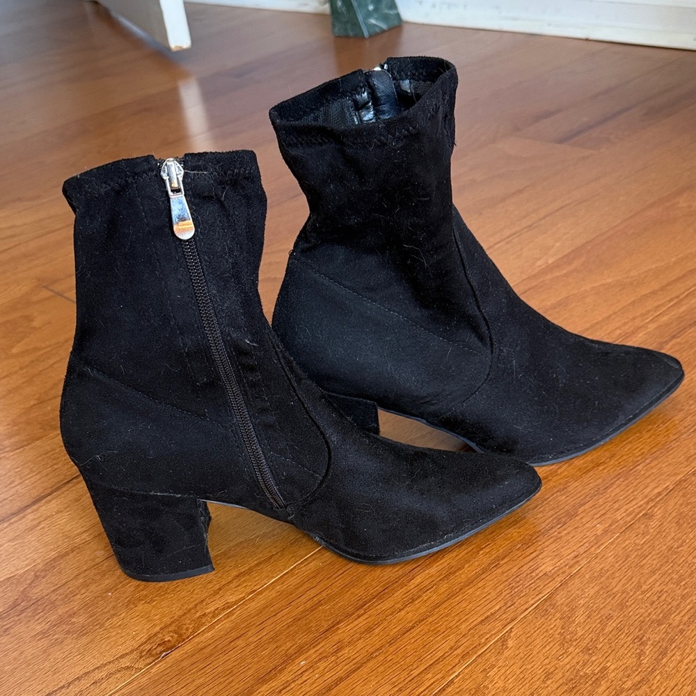 Lulu's Black Suede Pointed Toe Ankle Boots with Block Heel